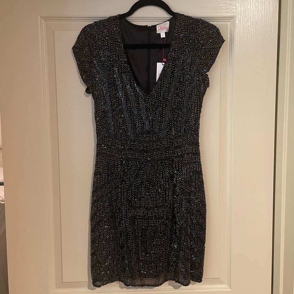 Parker Serena Beaded Black and Gold Cocktail Party Dress Sz Small